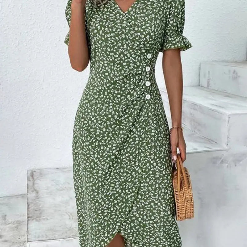 Botanical Bliss™ | jurk met korte mouwen en bloemenprint - Groen-3XL -  Neomoda