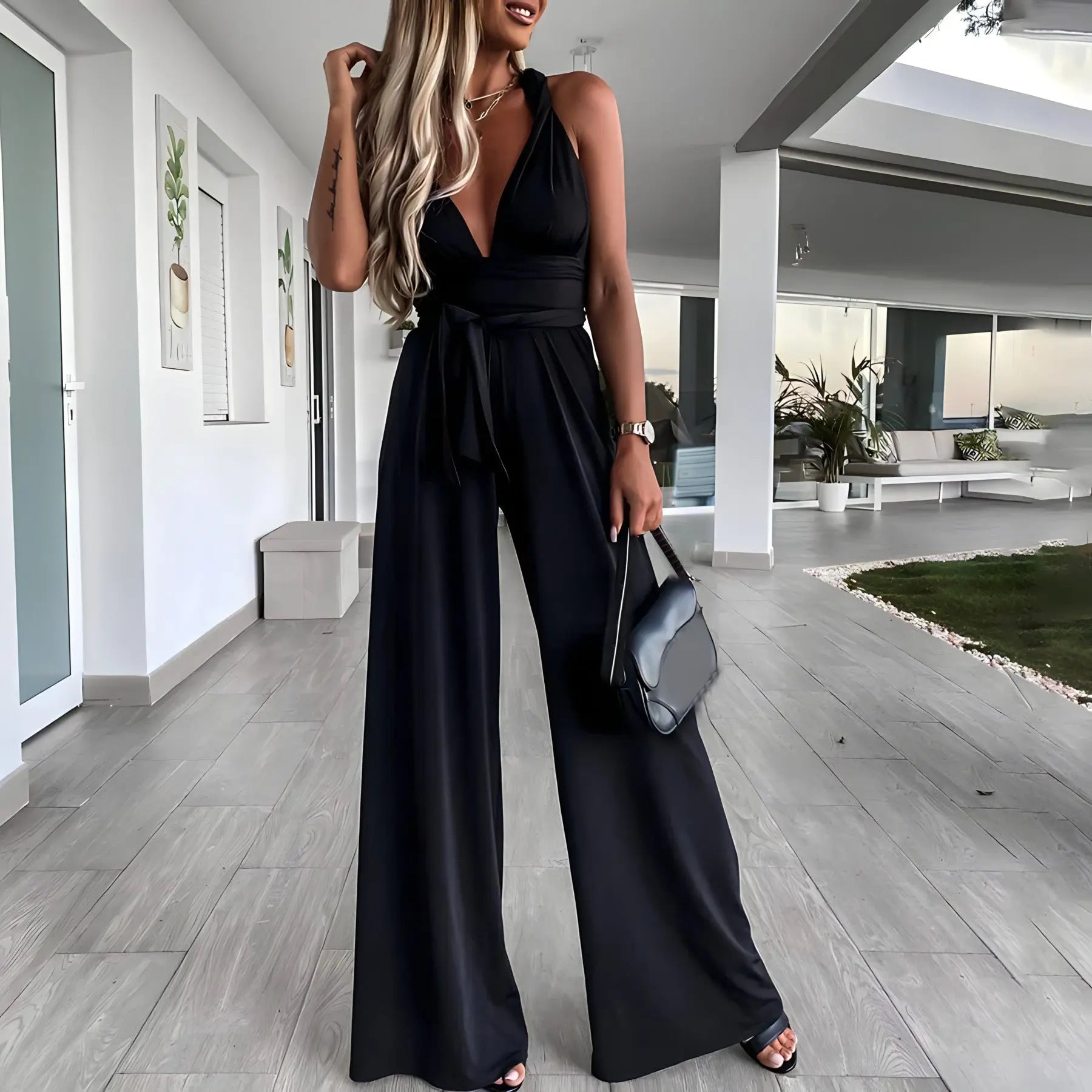 Blake - Zomerse jumpsuit met wijde broekspijpen - Zwart-2XL -  Neomoda