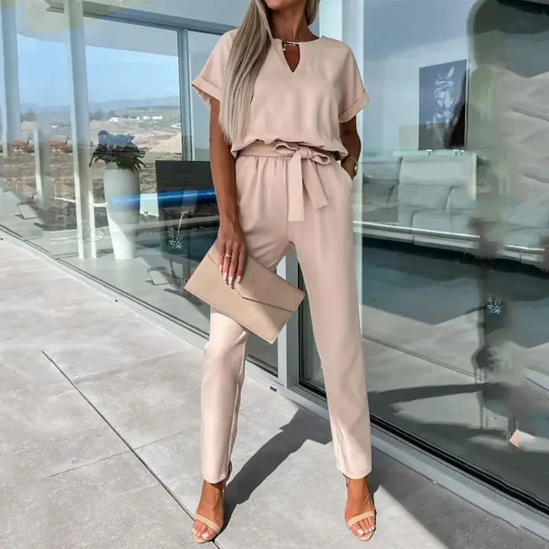 Ella - Jumpsuit met korte mouwen - Beige-XL -  Neomoda