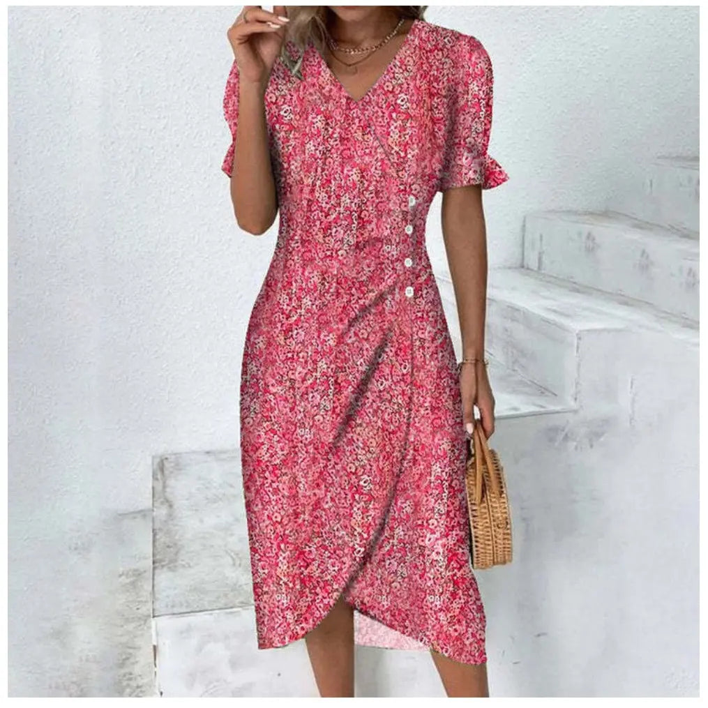 Botanical Bliss™ | jurk met korte mouwen en bloemenprint - Roze-3XL -  Neomoda