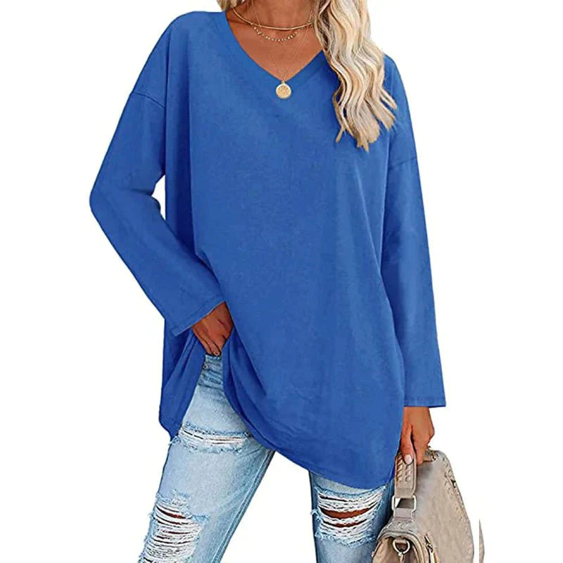 Kendra™ Classic V-hals T-shirt met lange mouwen voor dames - Blauw-2XL -  Neomoda