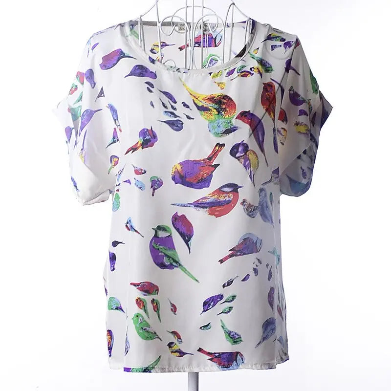 Luciano Romano™ Klara Katoenen Dames Shirt | Een Zomers & Vrolijk T-Shirt - Vogels-XXL -  Neomoda